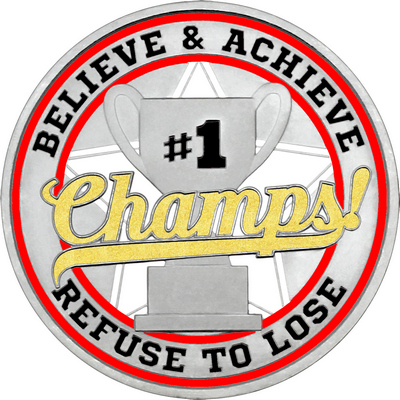 Gold "Champs!" with Red Outer Circular Borders